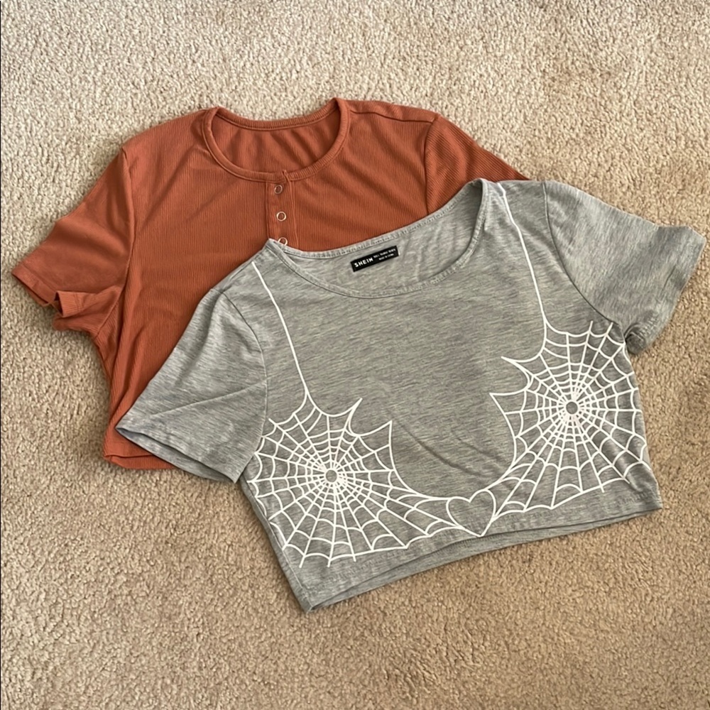 Crop Top Bundle: Muted Orange with Snap V and Heather Grey w/ Spider Web Design